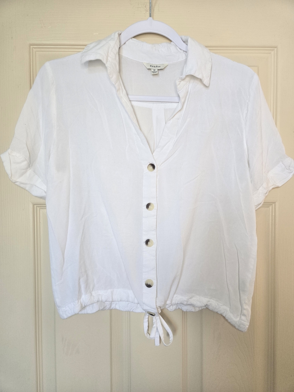 White Button-Front Tie-Hem Top